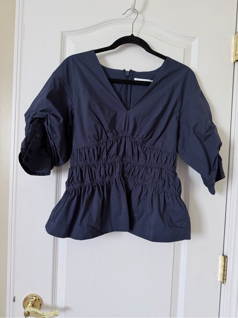 Jonathan Simkhai Yuni Midnight Blue Cotton Poplin Smocked Peplum Top Size 8